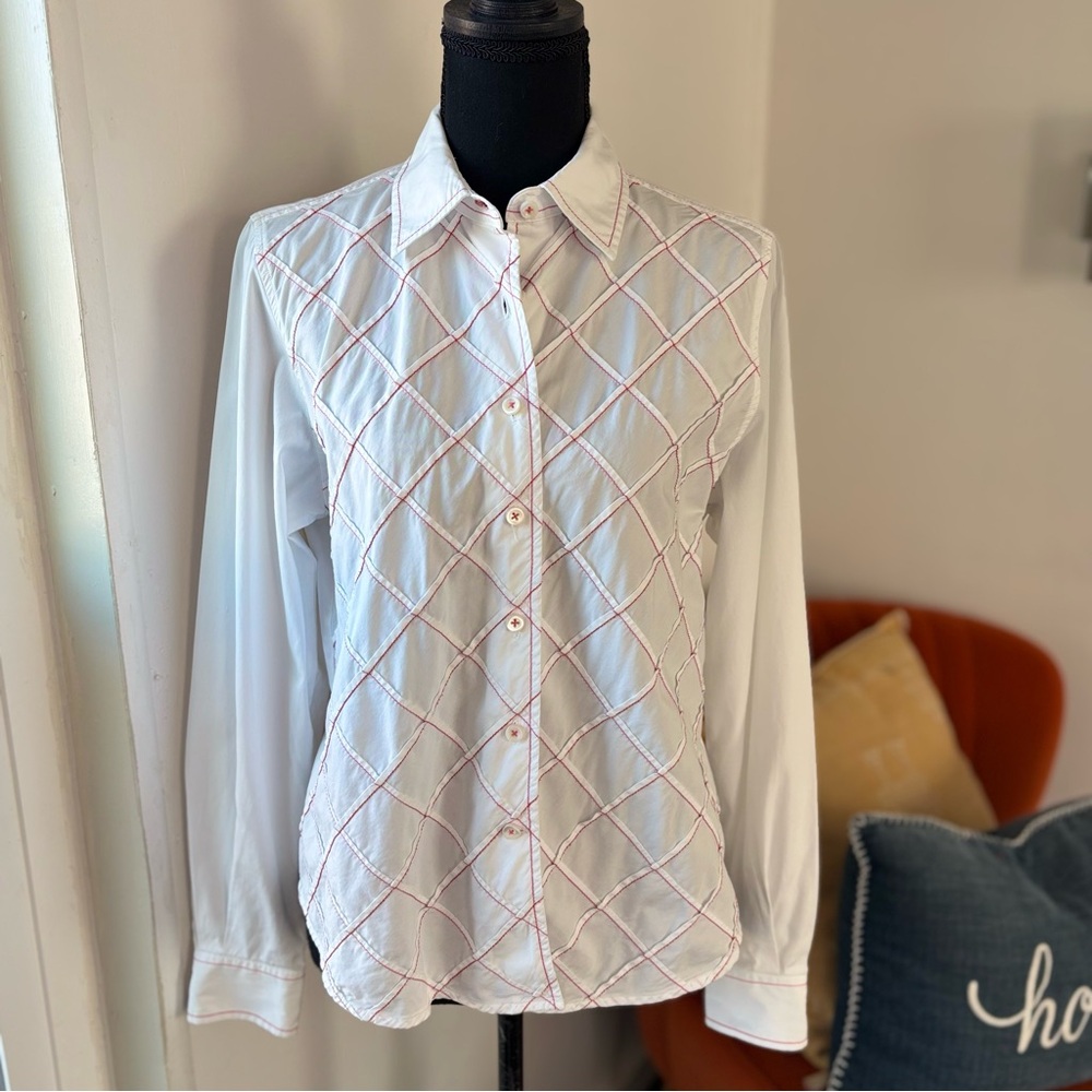 Facconable Designed in France Embroidered White Pink Button Down Shirt